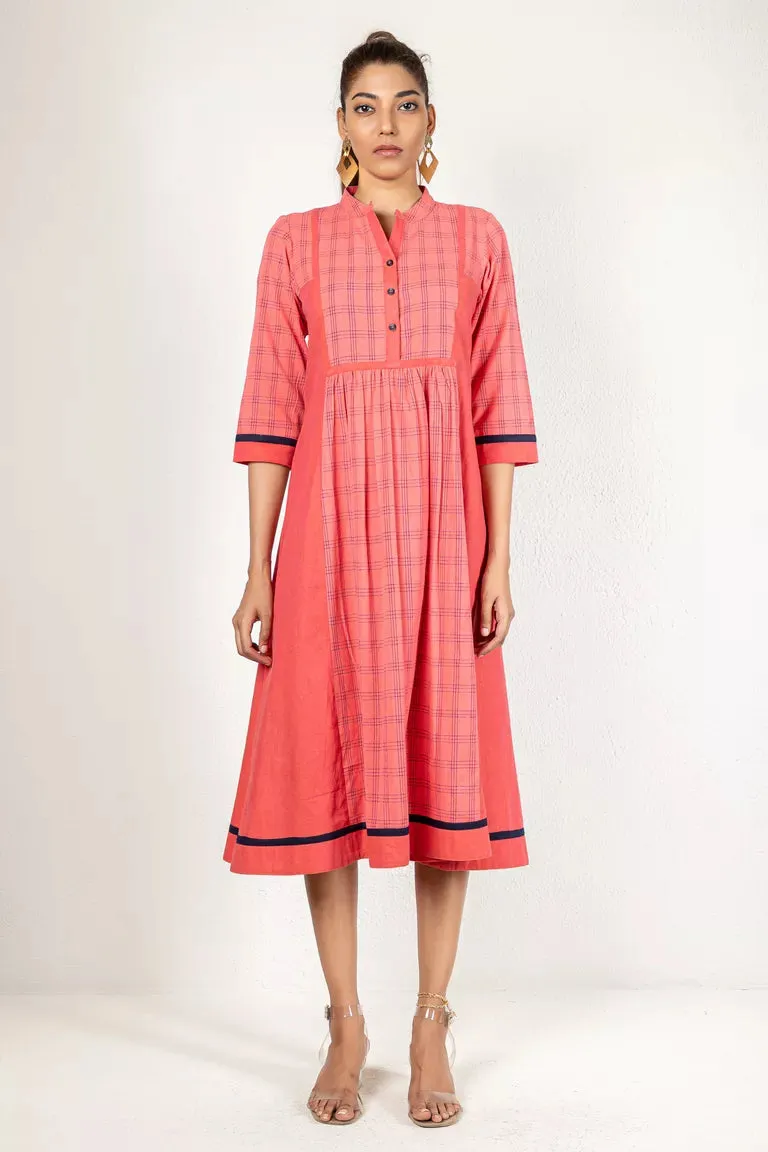 Pink & Deep Blue Woven Checked Kurta Dress