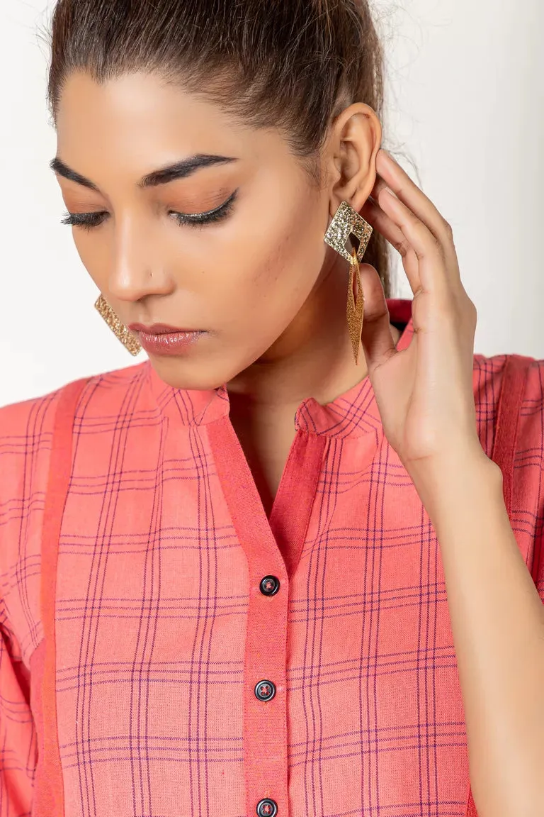 Pink & Deep Blue Woven Checked Kurta Dress