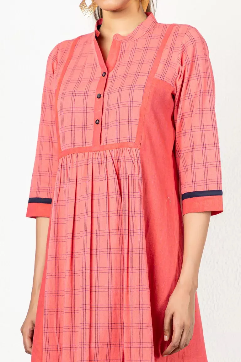 Pink & Deep Blue Woven Checked Kurta Dress