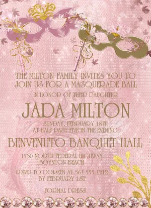 Pink & Gold Masquerade Ball Birthday Party Invitations