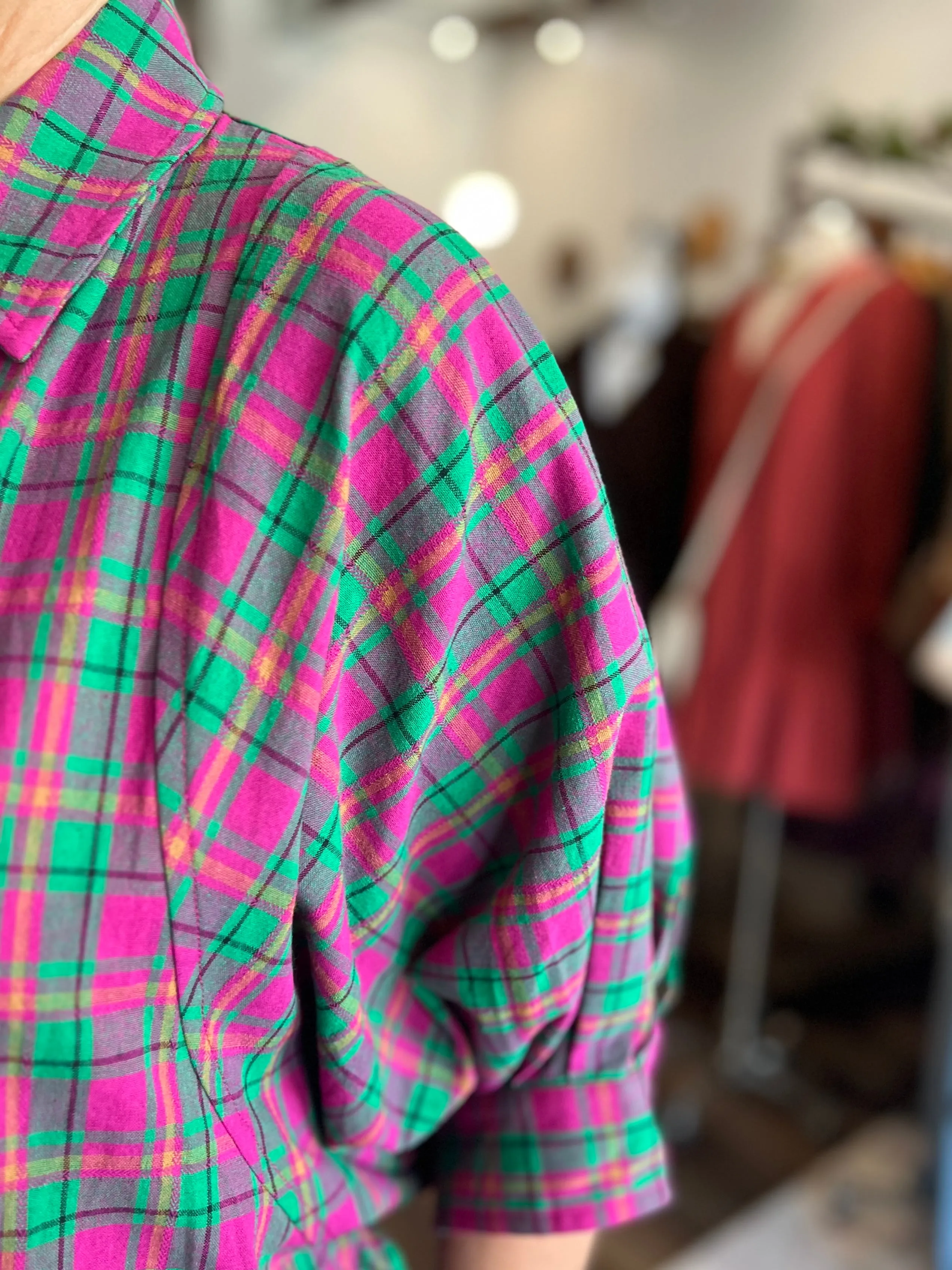 Pink & Green Plaid Button Up Top