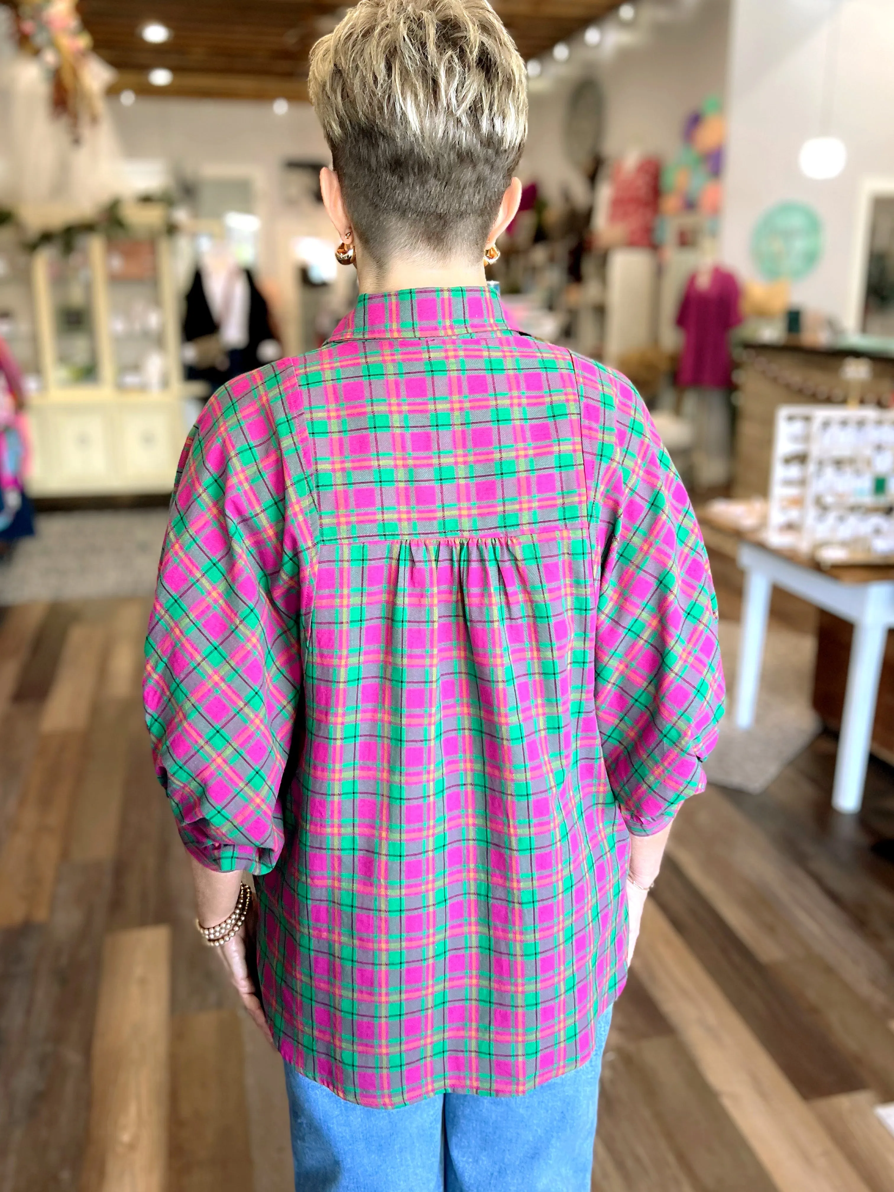 Pink & Green Plaid Button Up Top