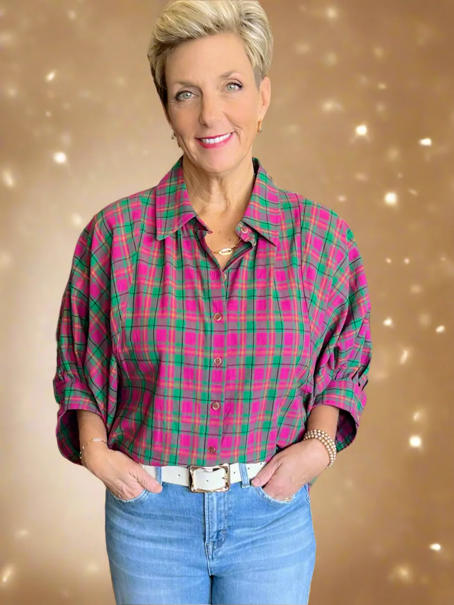 Pink & Green Plaid Button Up Top