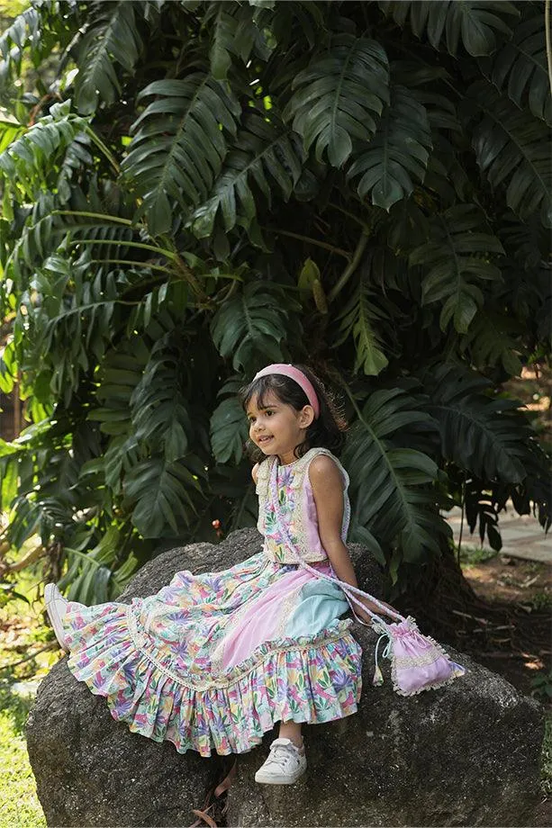 Pink & Mint Green Tropical Print Frilled Lehenga with Strappy Blouse and Potli Bag Set for Girls