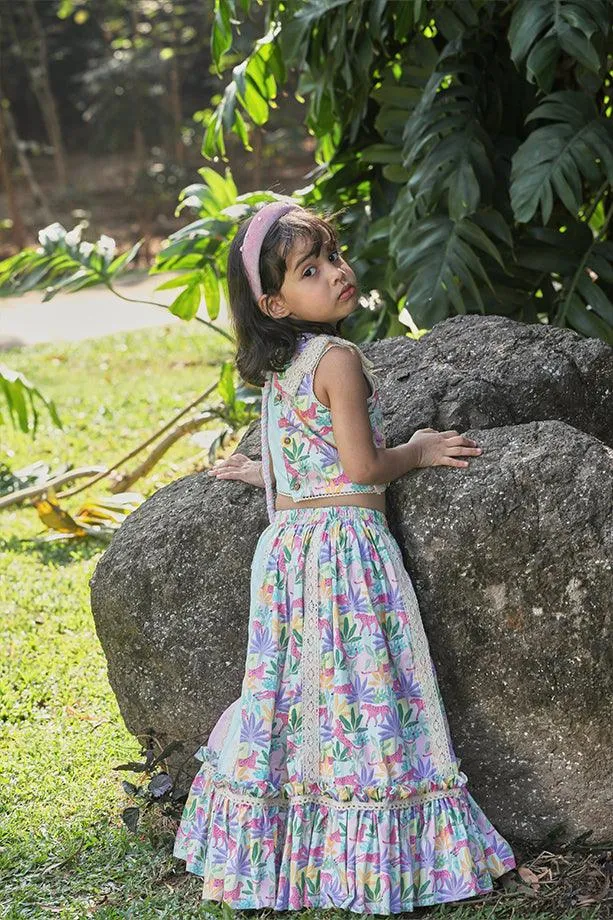 Pink & Mint Green Tropical Print Frilled Lehenga with Strappy Blouse and Potli Bag Set for Girls