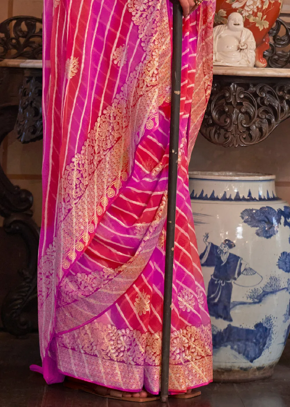 Pink & Red Leheriya Printed Georgette Saree with Gota Patti work