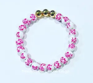 Pink & White Chinoiserie Floral Beaded Bracelet