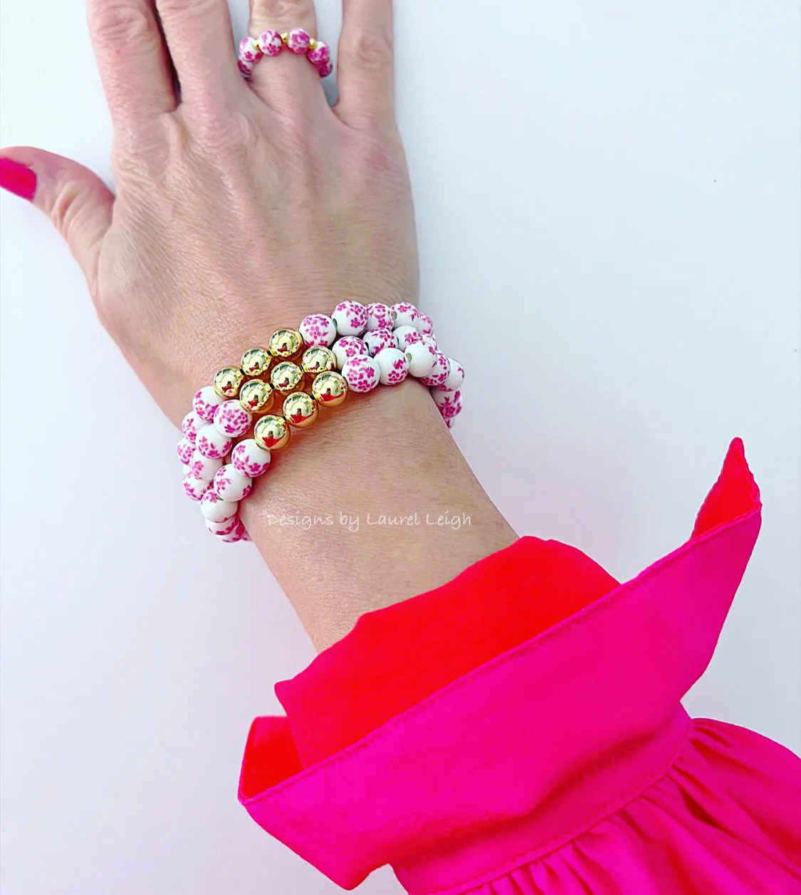 Pink & White Chinoiserie Floral Beaded Bracelet