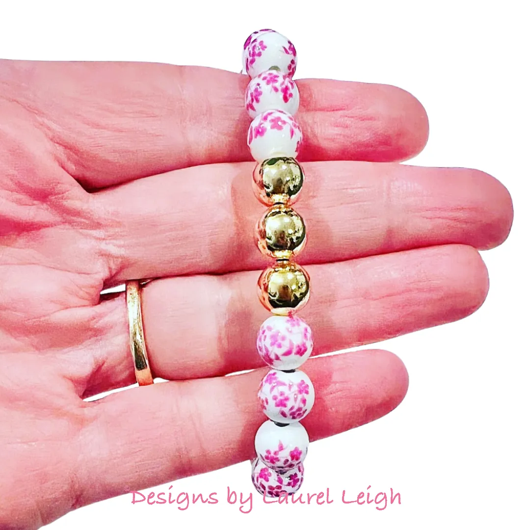 Pink & White Chinoiserie Floral Beaded Bracelet