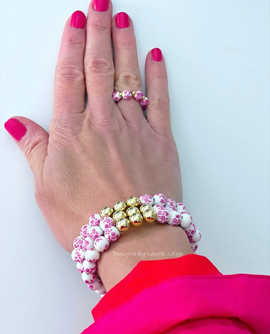 Pink & White Chinoiserie Floral Beaded Bracelet