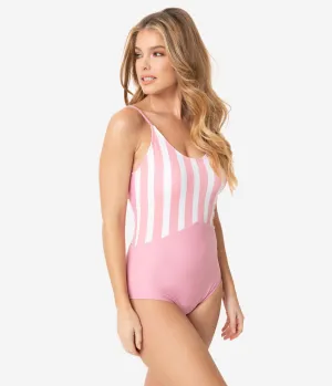 Pink & White Stripe One Piece Swimsuit