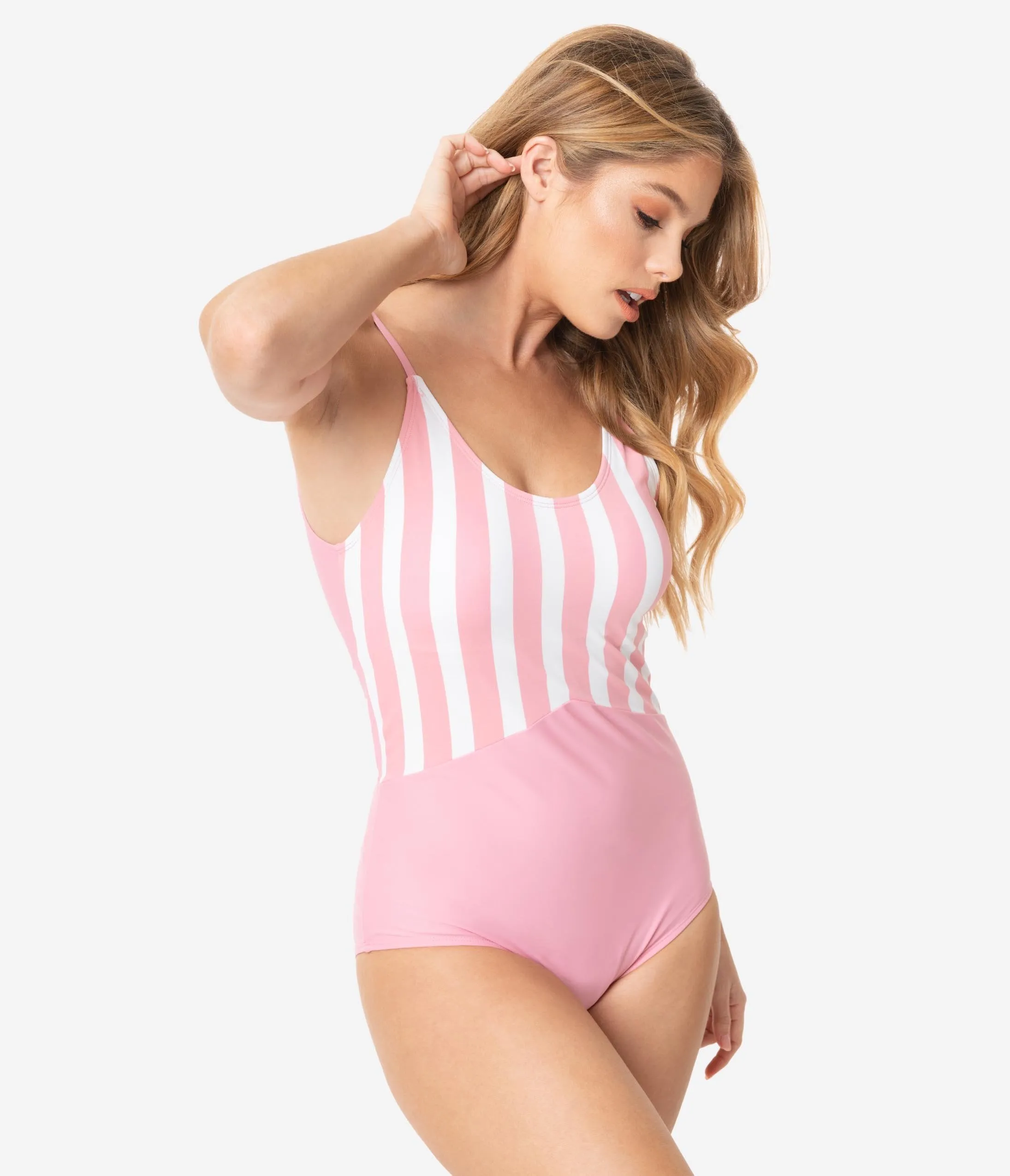 Pink & White Stripe One Piece Swimsuit