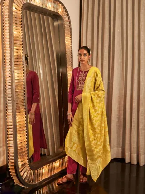 Pink & Yellow Alluring Pure Viscose Silk Kurti Pant Set Enriched With Woven Jacquard Bandhani Dupatta