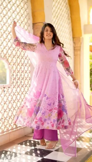 Pink Anarkali Gown in Faux Georgette with Floral Digital Print