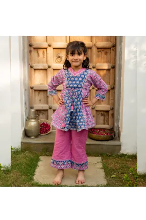 Pink And Blue Floral Printed And Gota Lace Embellished Kurta With Pants Set