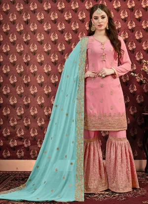 Pink And Blue Golden Embroidered Georgette Gharara Suit