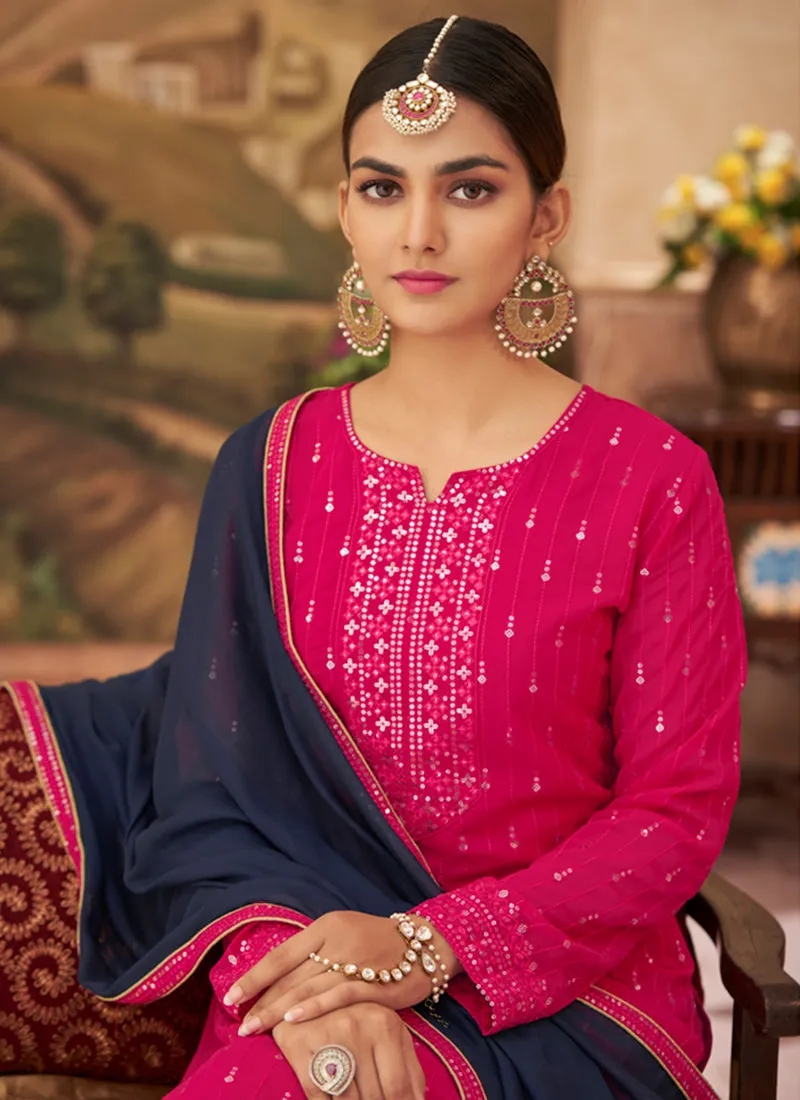 Pink And Blue Traditional Embroidered Sharara Suit