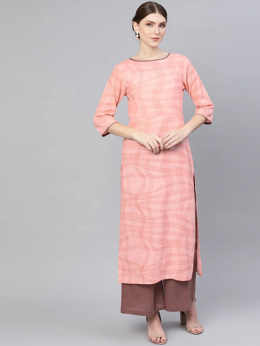 Pink and brown abstract checks printed boat neck 3/4th sleeves straight kurta with palazzo