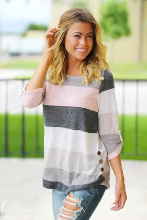 Pink and Charcoal 3/4 Sleeve Top with Buttons