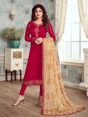 Pink And Creme Ethnic Embroidered Churidar Suit