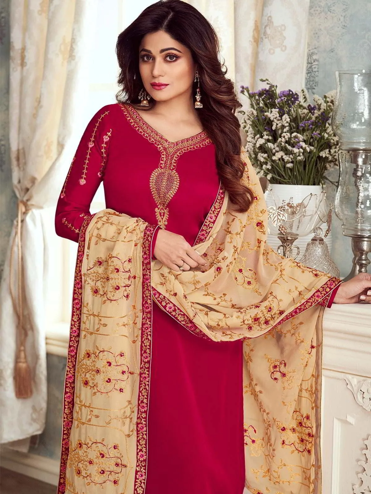 Pink And Creme Ethnic Embroidered Churidar Suit