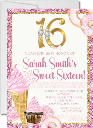 Pink And Gold Sweets Sweet 16 Invitations