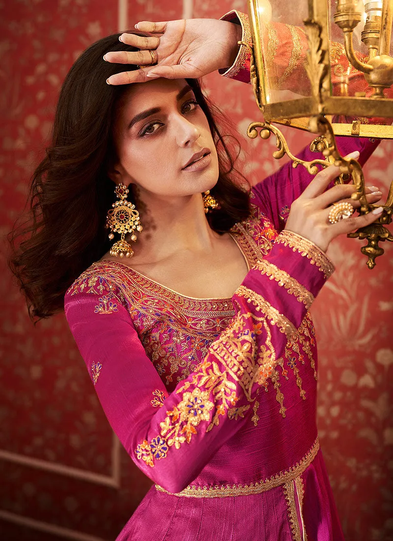 Pink And Golden Anarkali Lehenga Suit