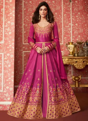 Pink And Golden Anarkali Lehenga Suit