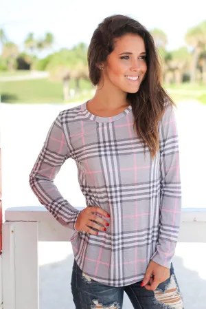 Pink and Gray Plaid Long Sleeve Top