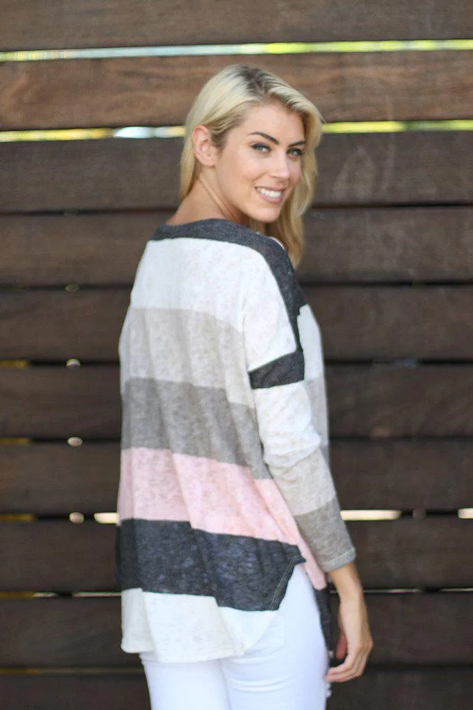 Pink And Gray Top With Crochet Pocket