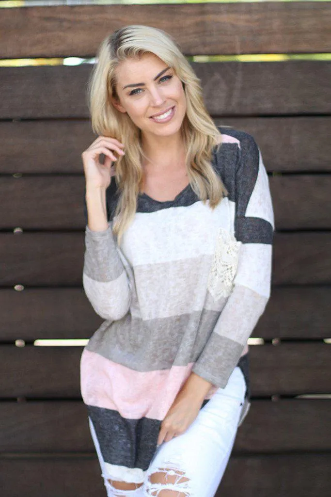 Pink And Gray Top With Crochet Pocket