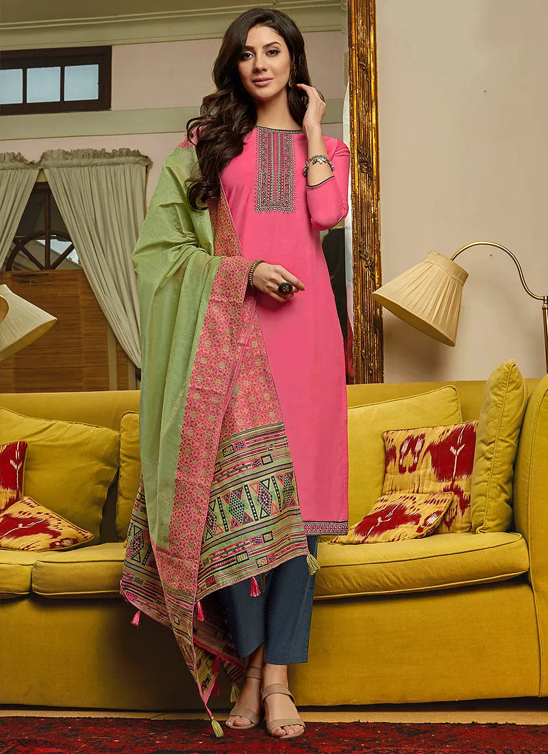 Pink And Green Embroidered Pant Style Suit