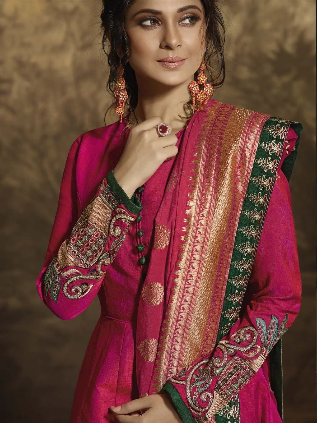 Pink And Green Ethnic Embroidered Anarkali Suit