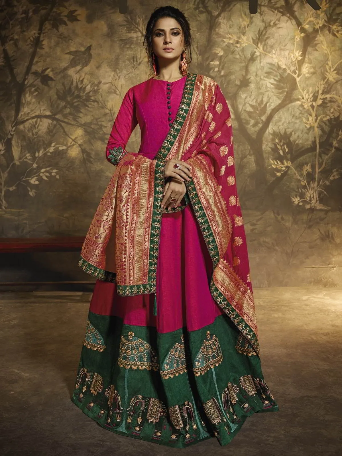 Pink And Green Ethnic Embroidered Anarkali Suit