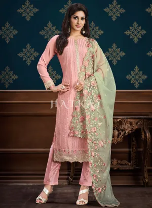 Pink And Green Floral Embroidery Pakistani Pant Suit