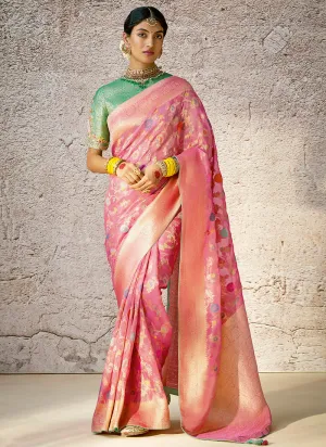 Pink And Green Floral Kora Banarasi Silk Saree