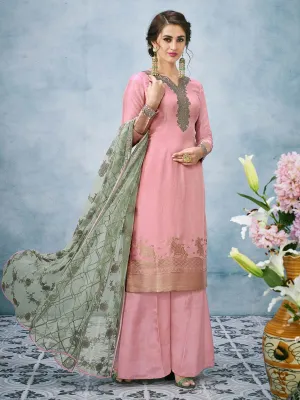 Pink And Green Lucknowi Embroidered Ethnic Palazzo Suit