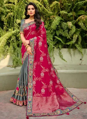 Pink And Grey Embroidered Silk Saree