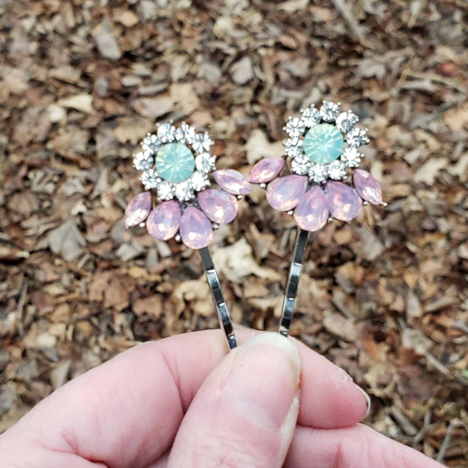 Pink and Mint Rhinestone Hair Pins Set of 2 Crystal Bobby Pins ACC55