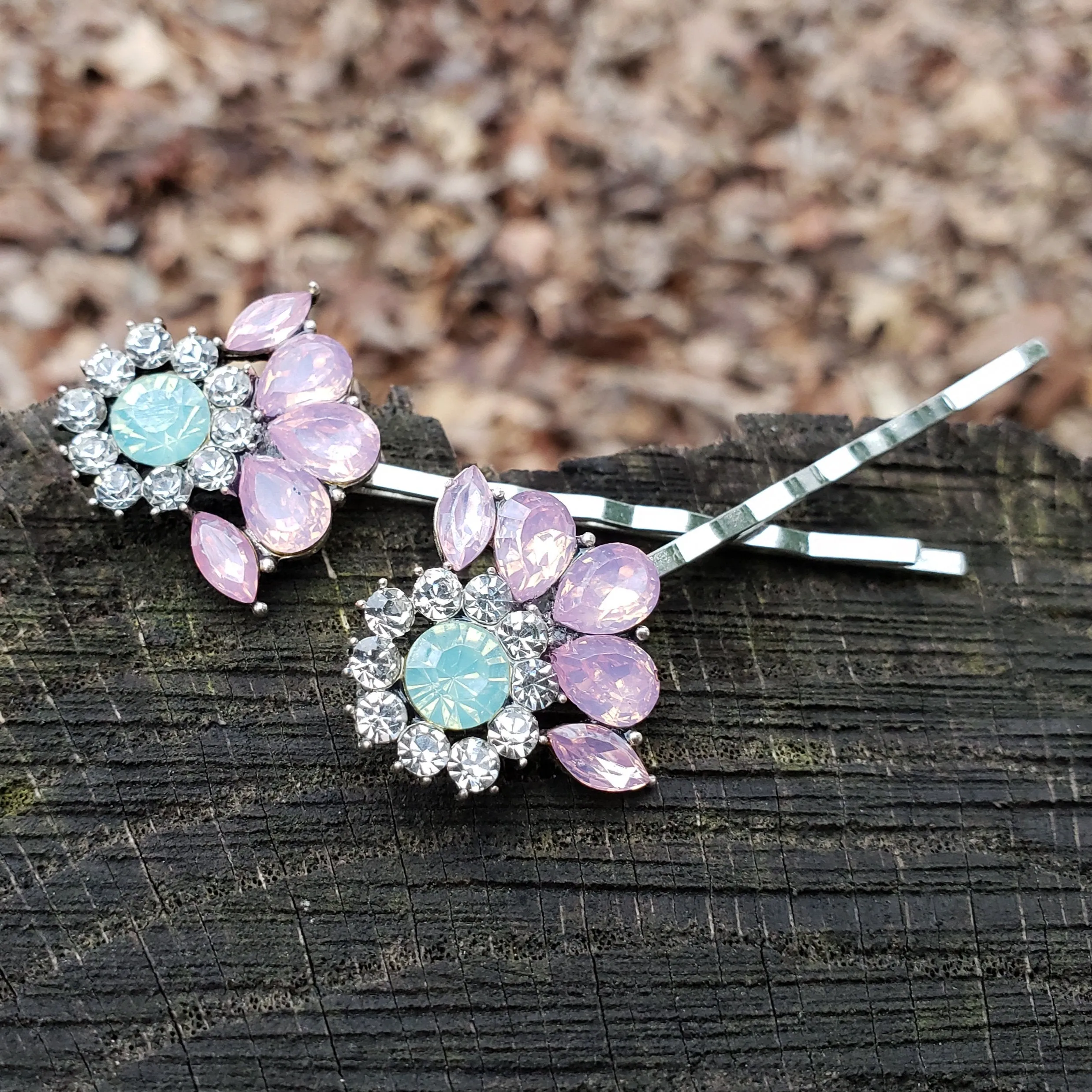 Pink and Mint Rhinestone Hair Pins Set of 2 Crystal Bobby Pins ACC55