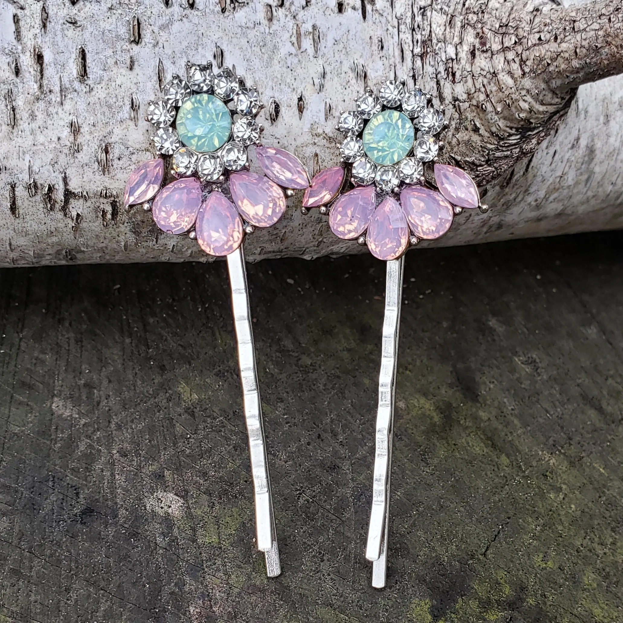 Pink and Mint Rhinestone Hair Pins Set of 2 Crystal Bobby Pins ACC55