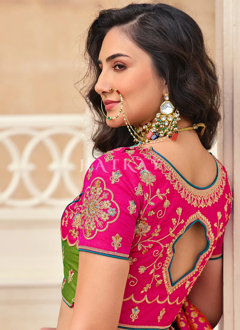 Pink And Orange Multi Traditional Embroidered Wedding Lehenga Choli