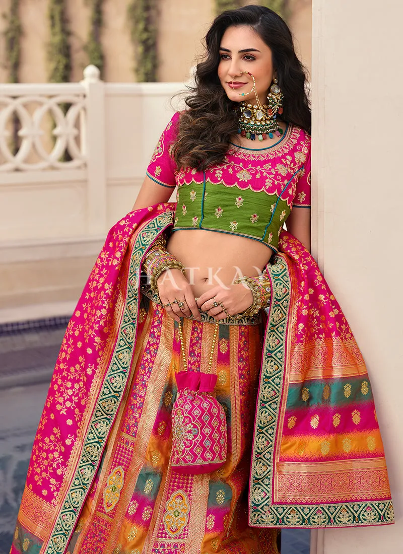 Pink And Orange Multi Traditional Embroidered Wedding Lehenga Choli