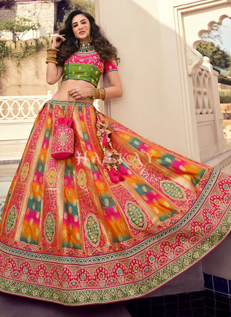 Pink And Orange Multi Traditional Embroidered Wedding Lehenga Choli