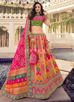 Pink And Orange Multi Traditional Embroidered Wedding Lehenga Choli