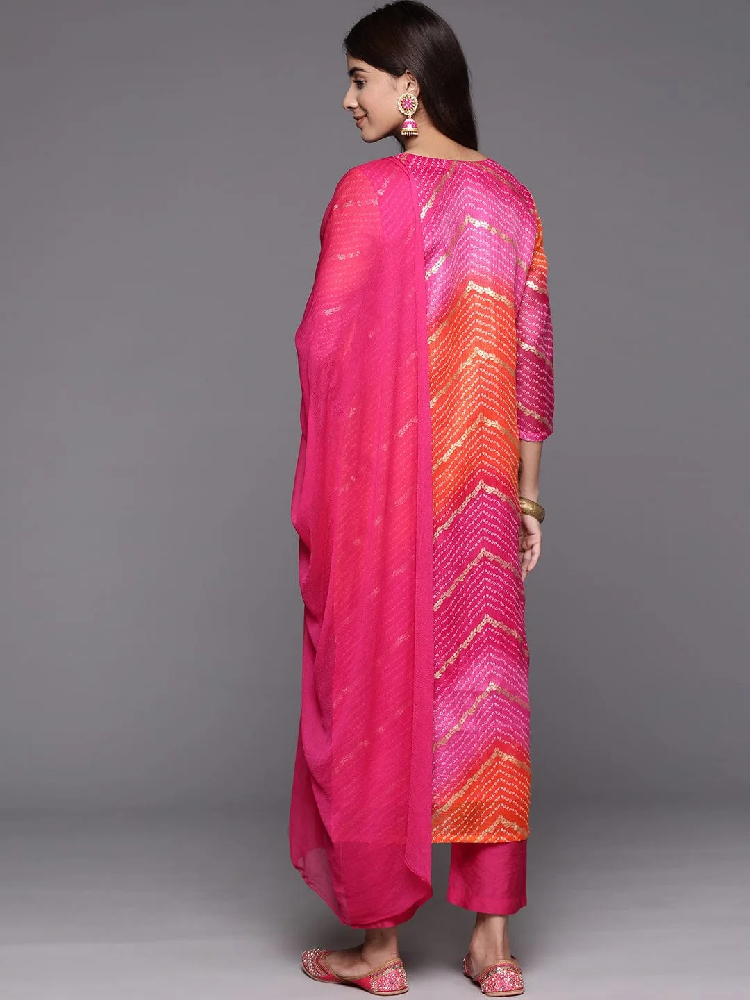 Pink And Orange Printed Cotton Kurta Set With Silk Blend Bottoms And Dupatta