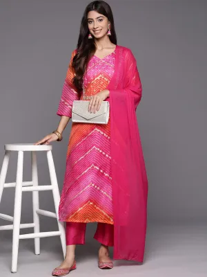 Pink And Orange Printed Cotton Kurta Set With Silk Blend Bottoms And Dupatta