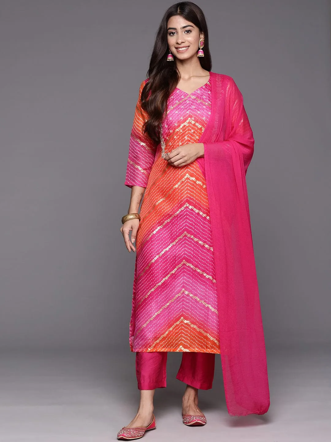 Pink And Orange Printed Cotton Kurta Set With Silk Blend Bottoms And Dupatta