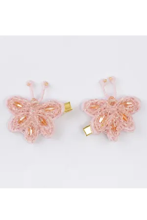 Pink And Peach Beads Embellished Butterfly Hairclips