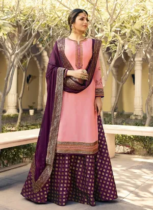 Pink And Purple Embroidered Lehenga Kurti Set